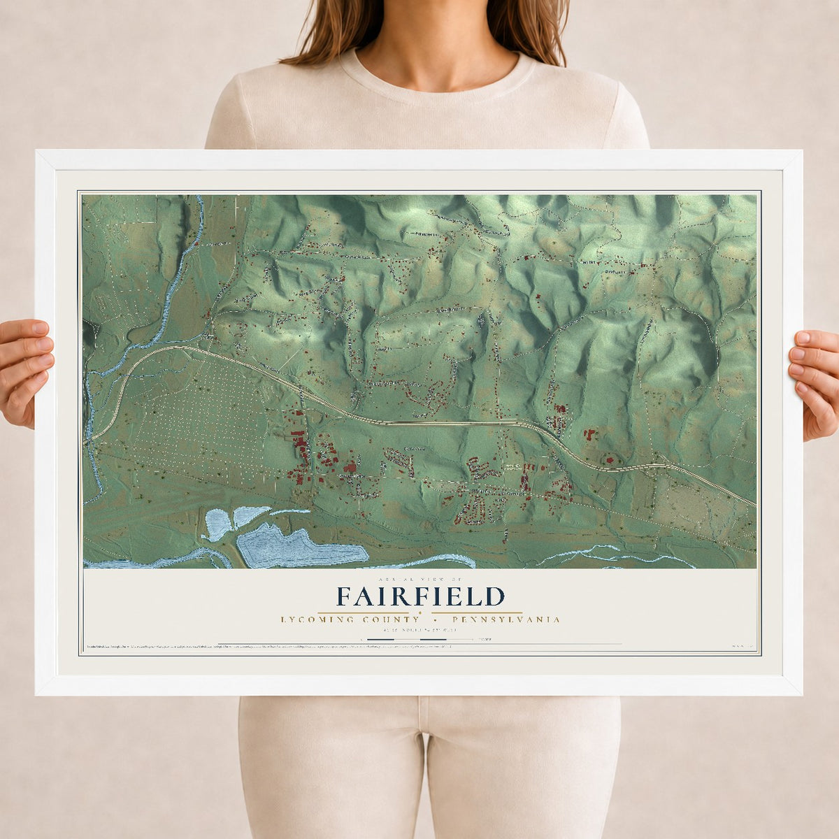 Map of Fairfield, Lycoming County, Pennsylvania, 18 x 24 inch print in a white wood frame