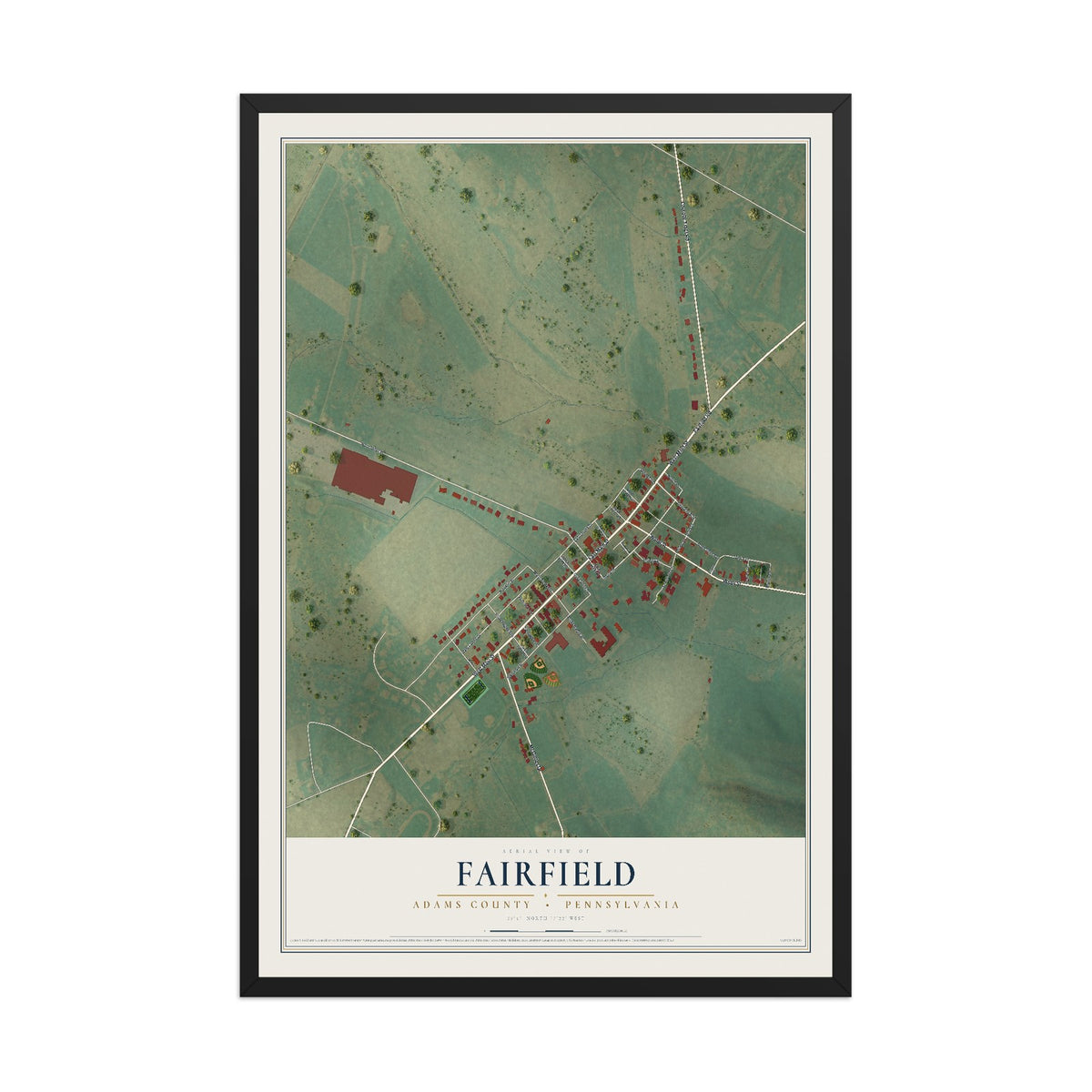 Map of Fairfield, Adams County, Pennsylvania, 12 x 18 inch print in a black wood frame