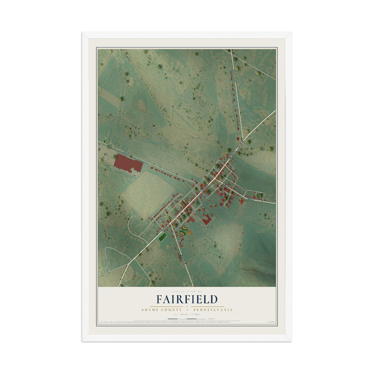 Map of Fairfield, Adams County, Pennsylvania, 12 x 18 inch print in a white wood frame