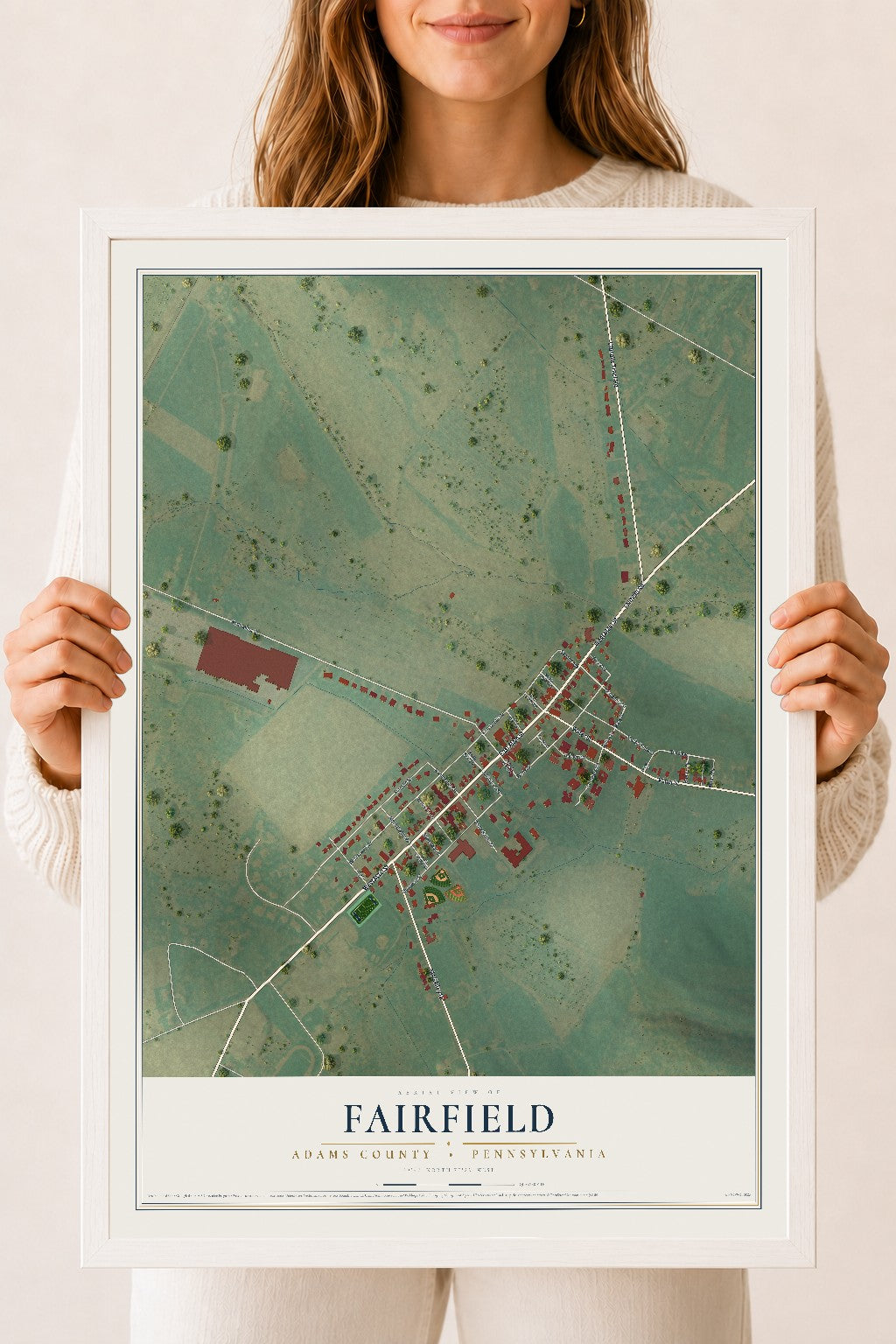 Map of Fairfield, Adams County, Pennsylvania, 18 x 24 inch print in a white wood frame