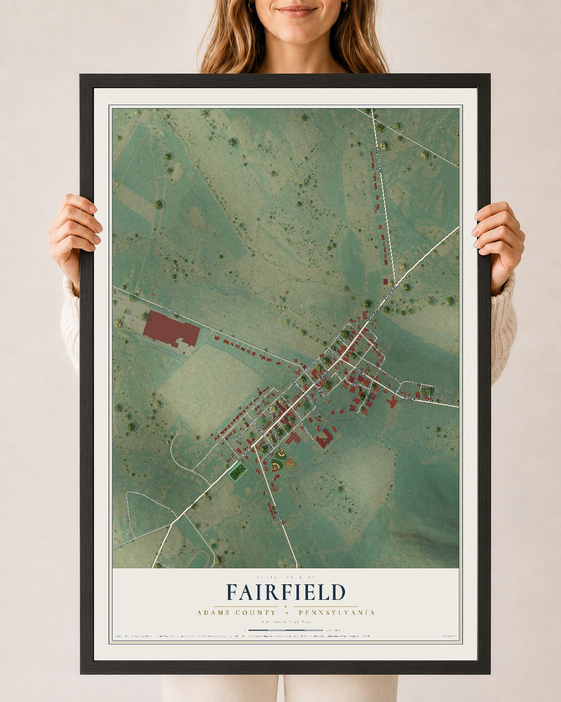Map of Fairfield, Adams County, Pennsylvania, 24 x 36 inch print in a black wood frame