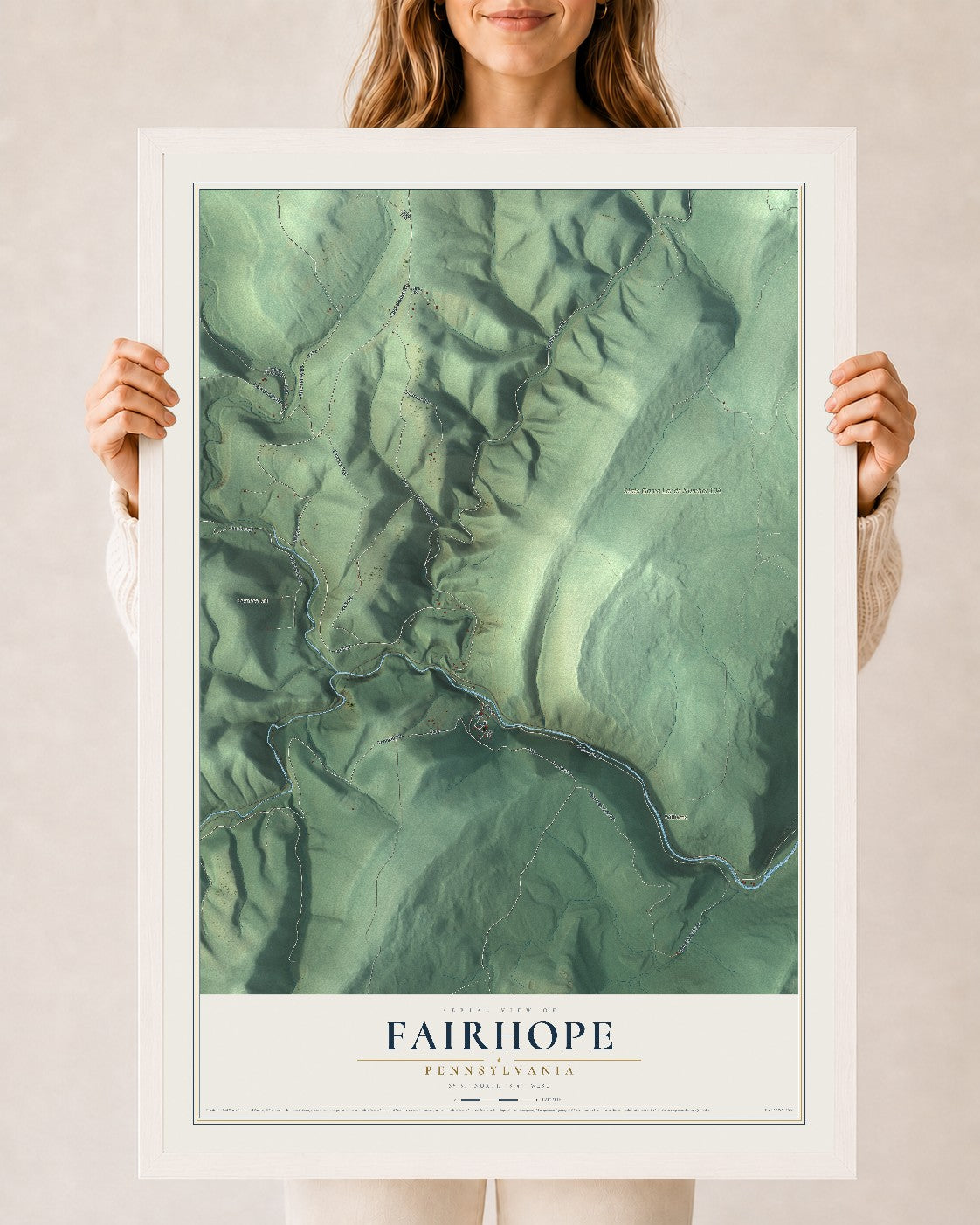 Map of Fairhope, Pennsylvania, 24 x 36 inch print in a white wood frame