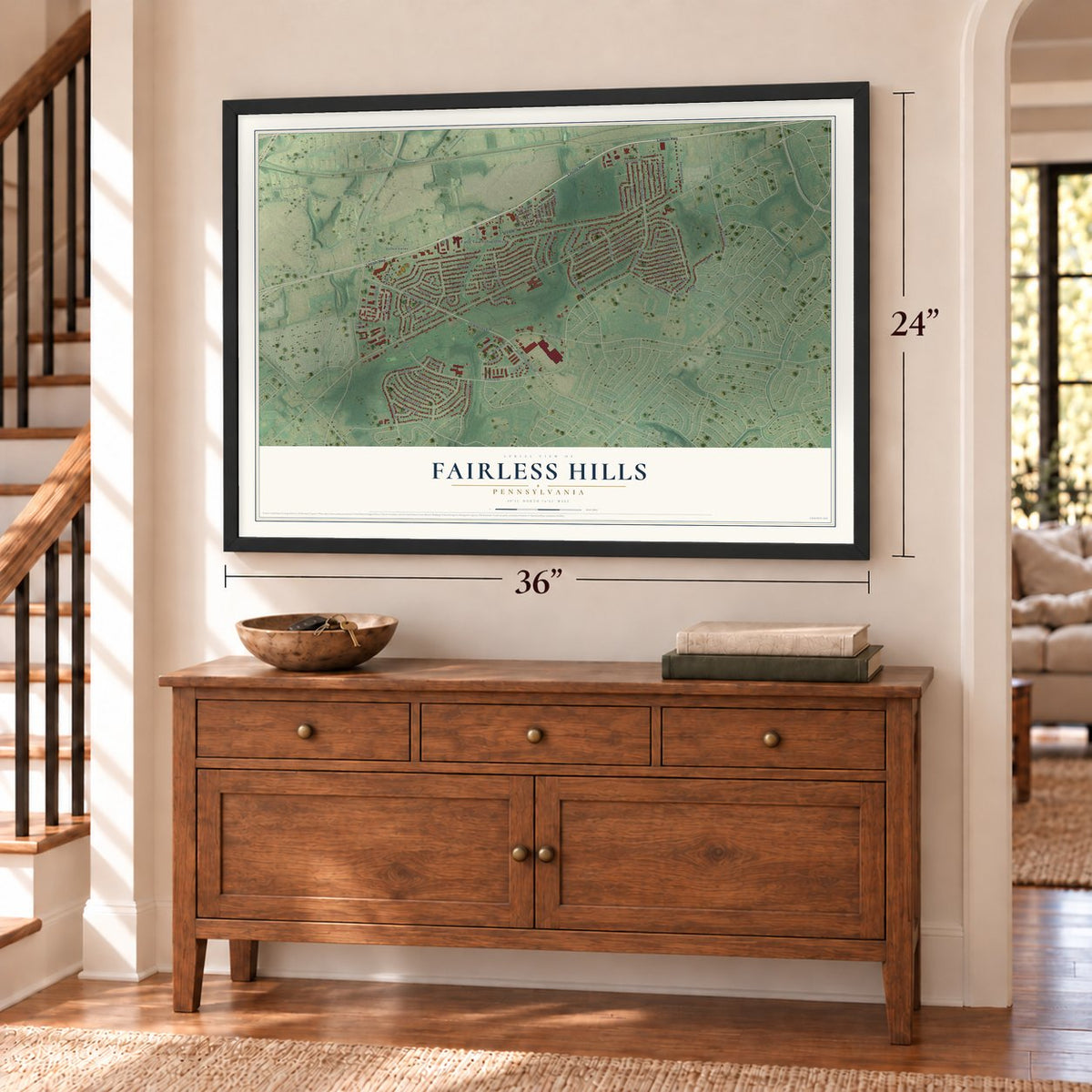 Fairless Hills, Pennsylvania map, 24 x 36 inch print in a black frame above a dresser by a staircase