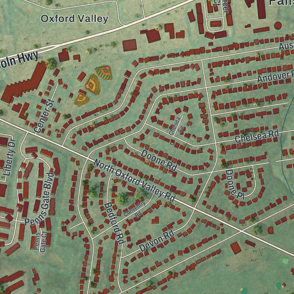 Close-up of the map of Fairless Hills, Pennsylvania print showing street and building detail