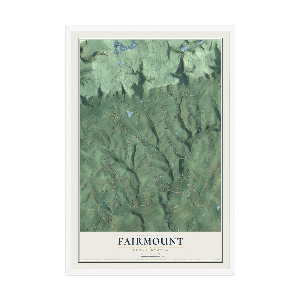 Map of Fairmount, Pennsylvania, 12 x 18 inch print in a white wood frame