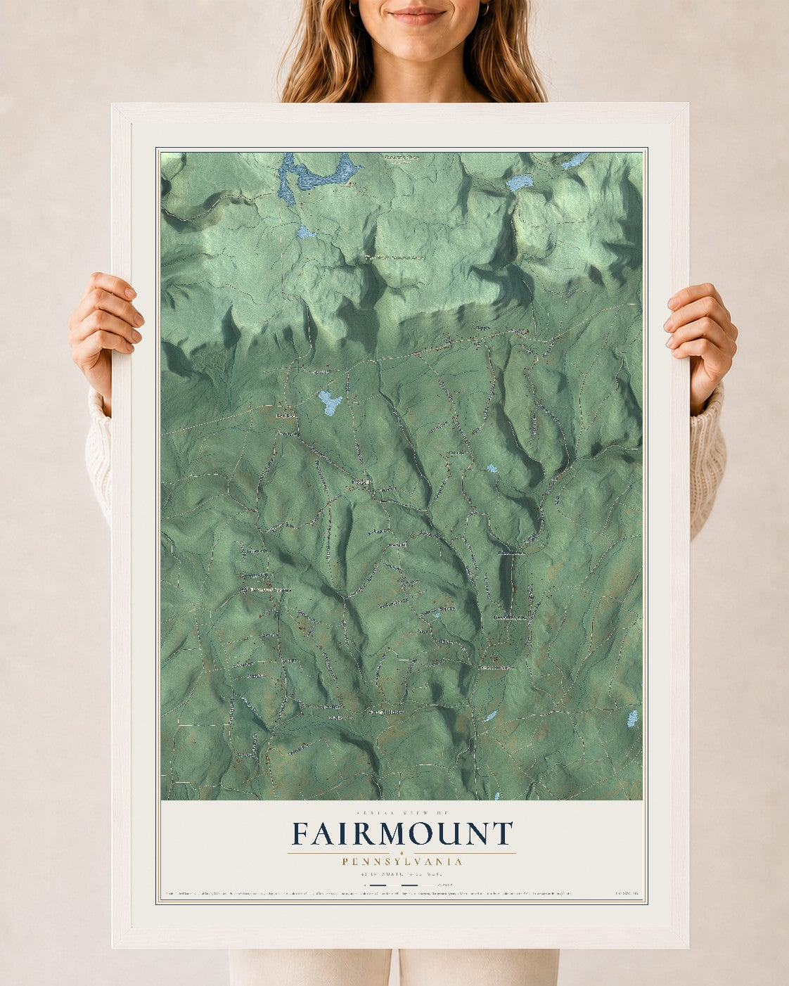 Map of Fairmount, Pennsylvania, 24 x 36 inch print in a white wood frame