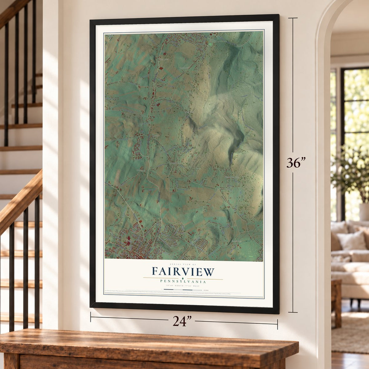 Fairview, Franklin County, Pennsylvania map, 24 x 36 inch print in a black frame by a staircase