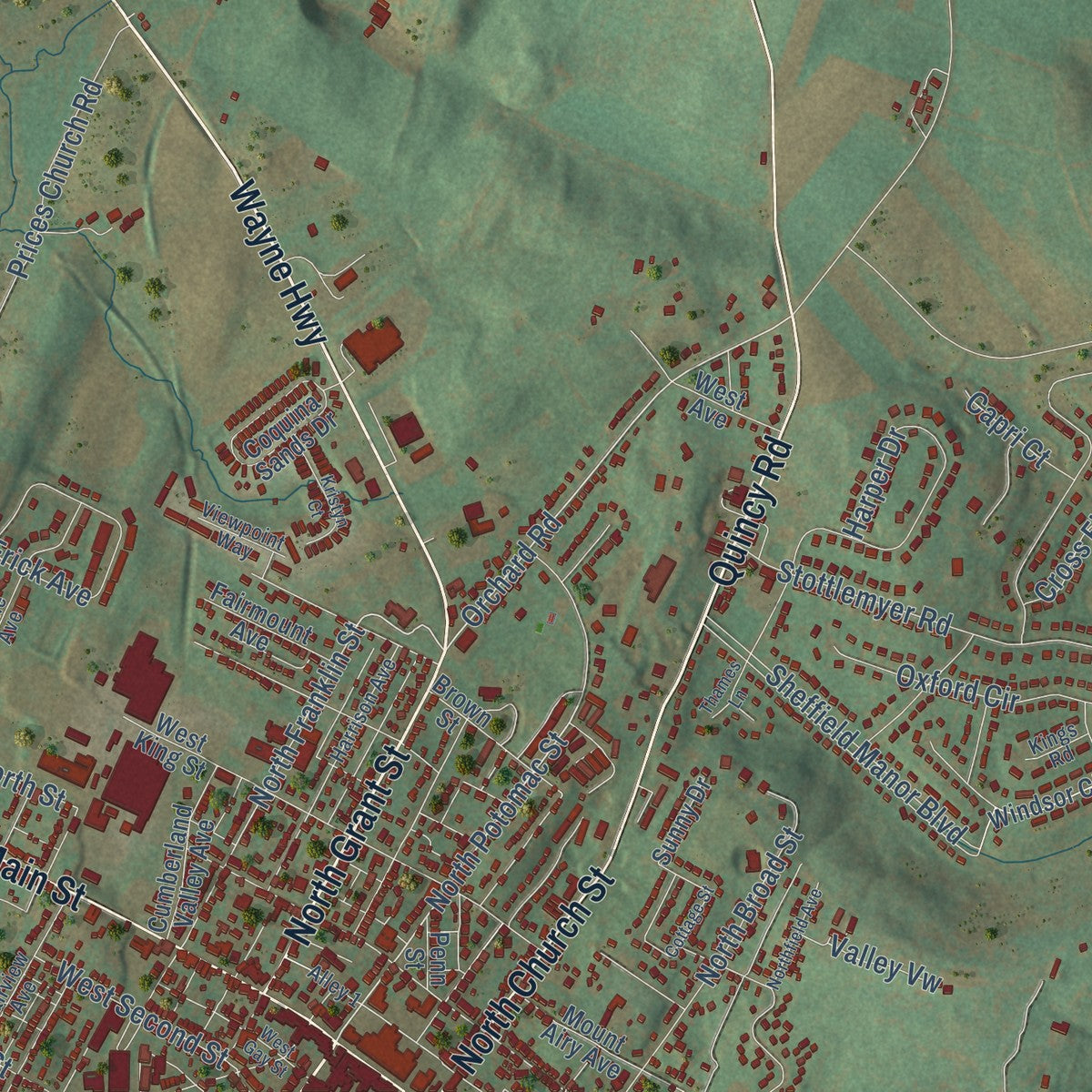 Close-up of the map of Fairview, Franklin County, Pennsylvania print showing street and building detail