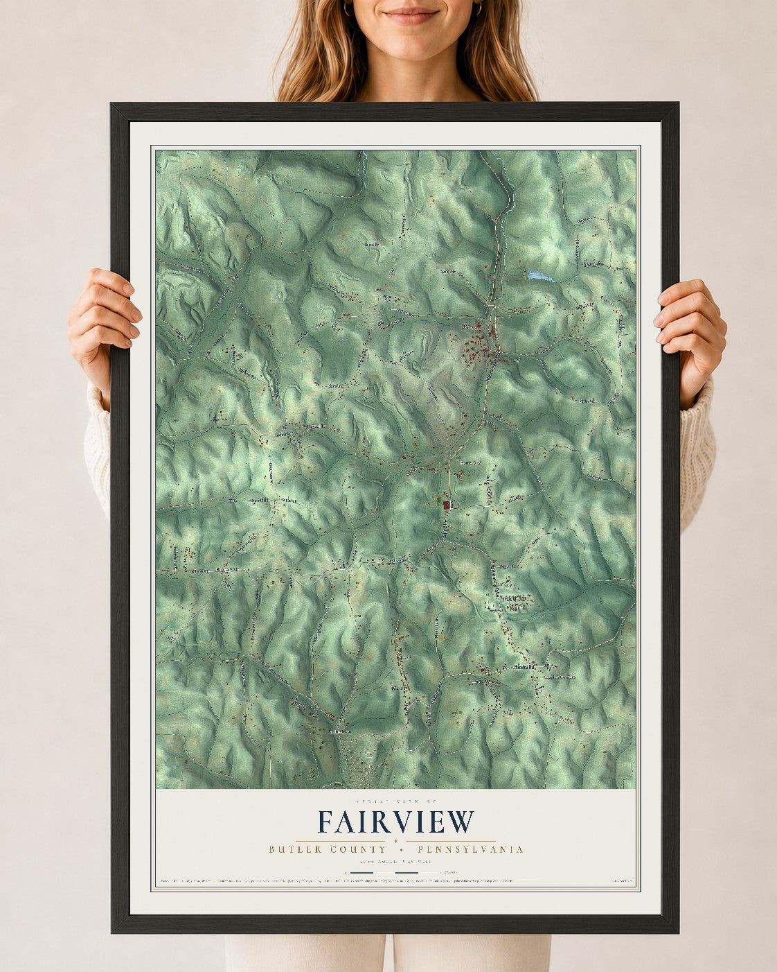 Map of Fairview, Butler County, Pennsylvania, 24 x 36 inch print in a black wood frame