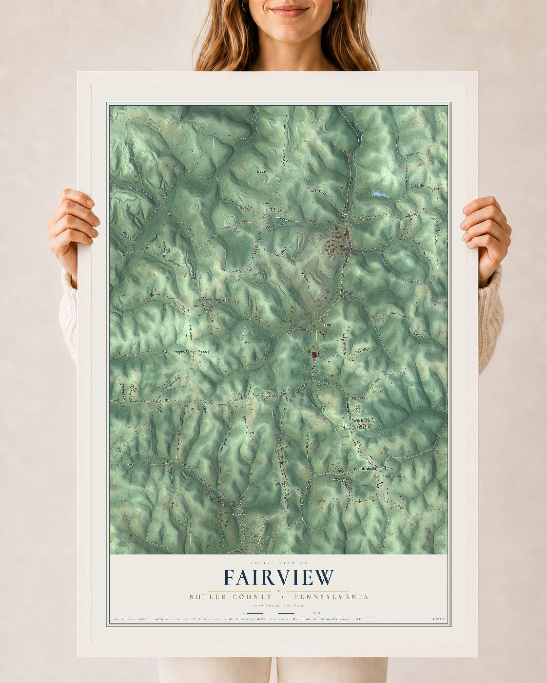 Map of Fairview, Butler County, Pennsylvania, 24 x 36 inch print in a white wood frame