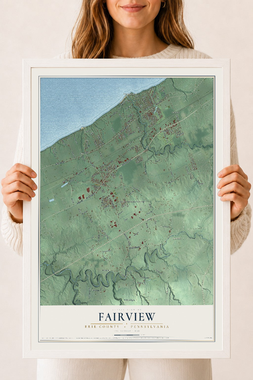 Map of Fairview, Erie County, Pennsylvania, 18 x 24 inch print in a white wood frame
