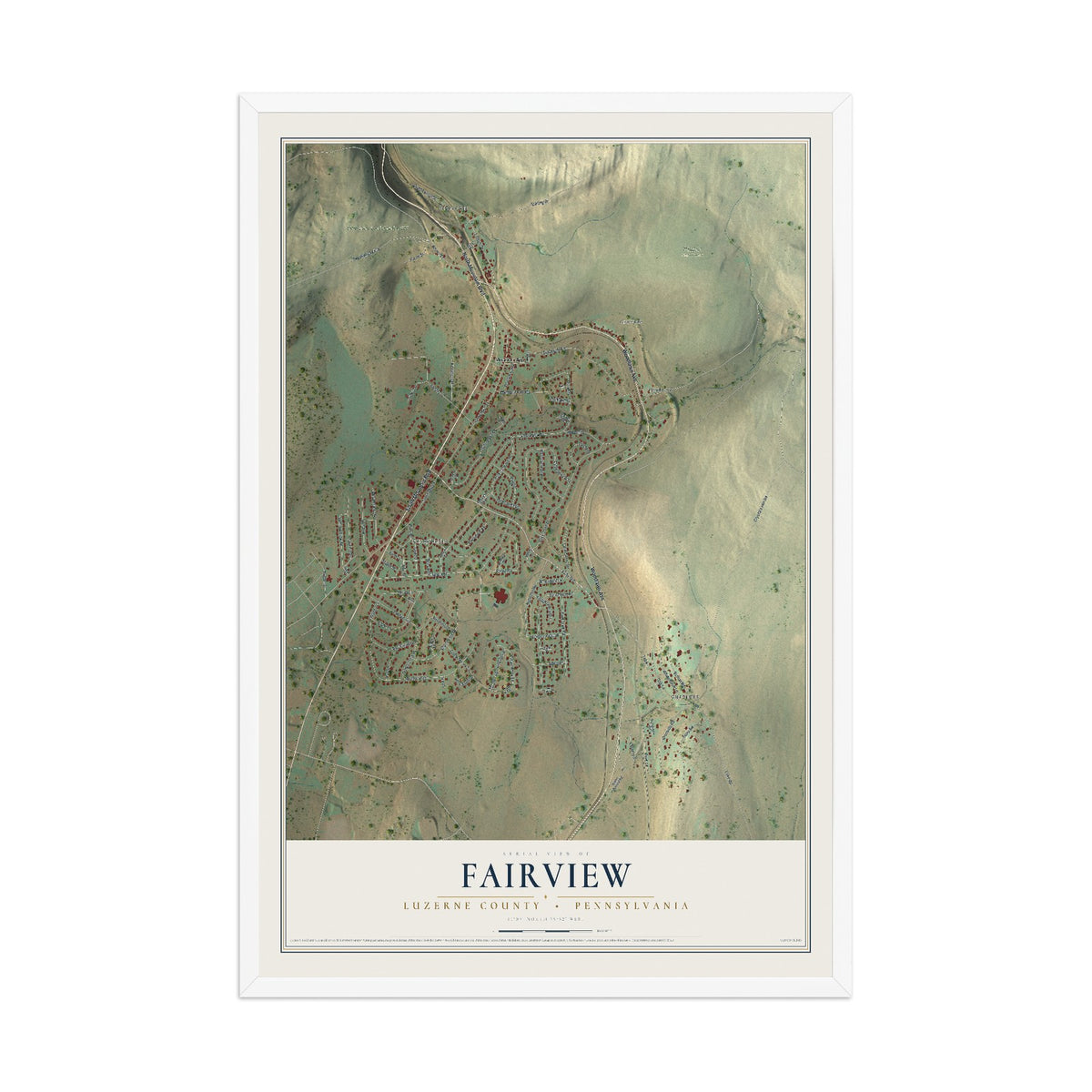 Map of Fairview, Luzerne County, Pennsylvania, 12 x 18 inch print in a white wood frame
