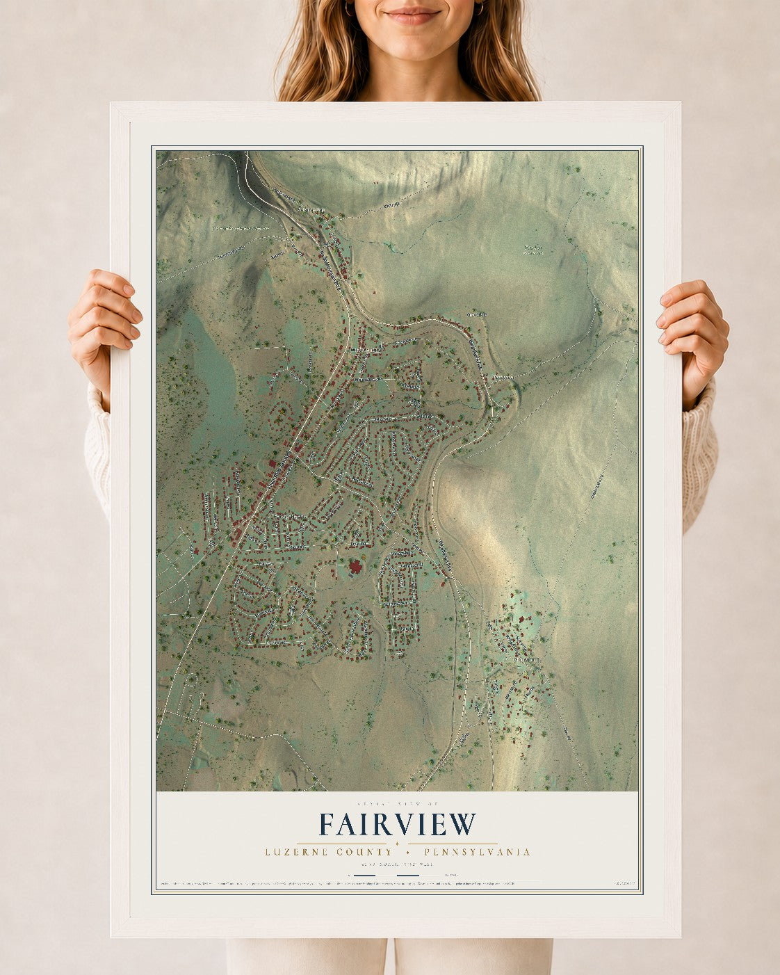Map of Fairview, Luzerne County, Pennsylvania, 24 x 36 inch print in a white wood frame