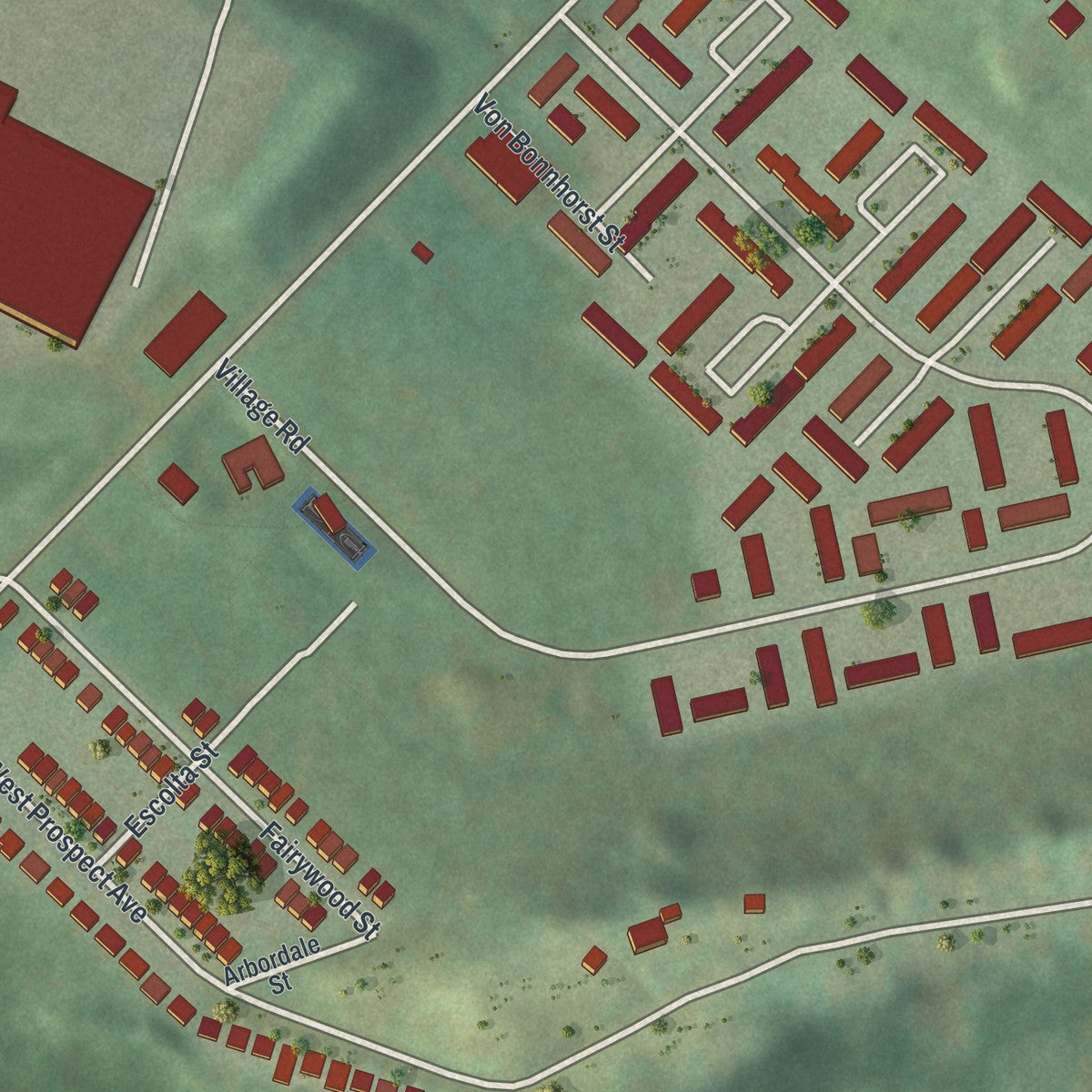 Close-up of the map of Fairywood, Pennsylvania print showing street and building detail