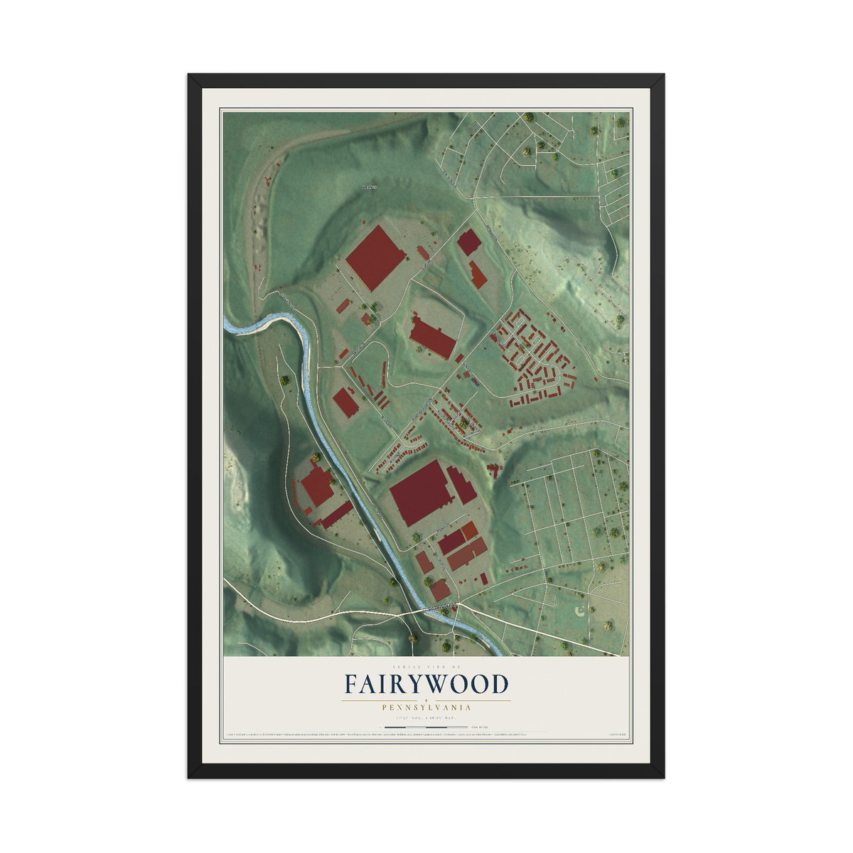 Map of Fairywood, Pennsylvania, 12 x 18 inch print in a black wood frame