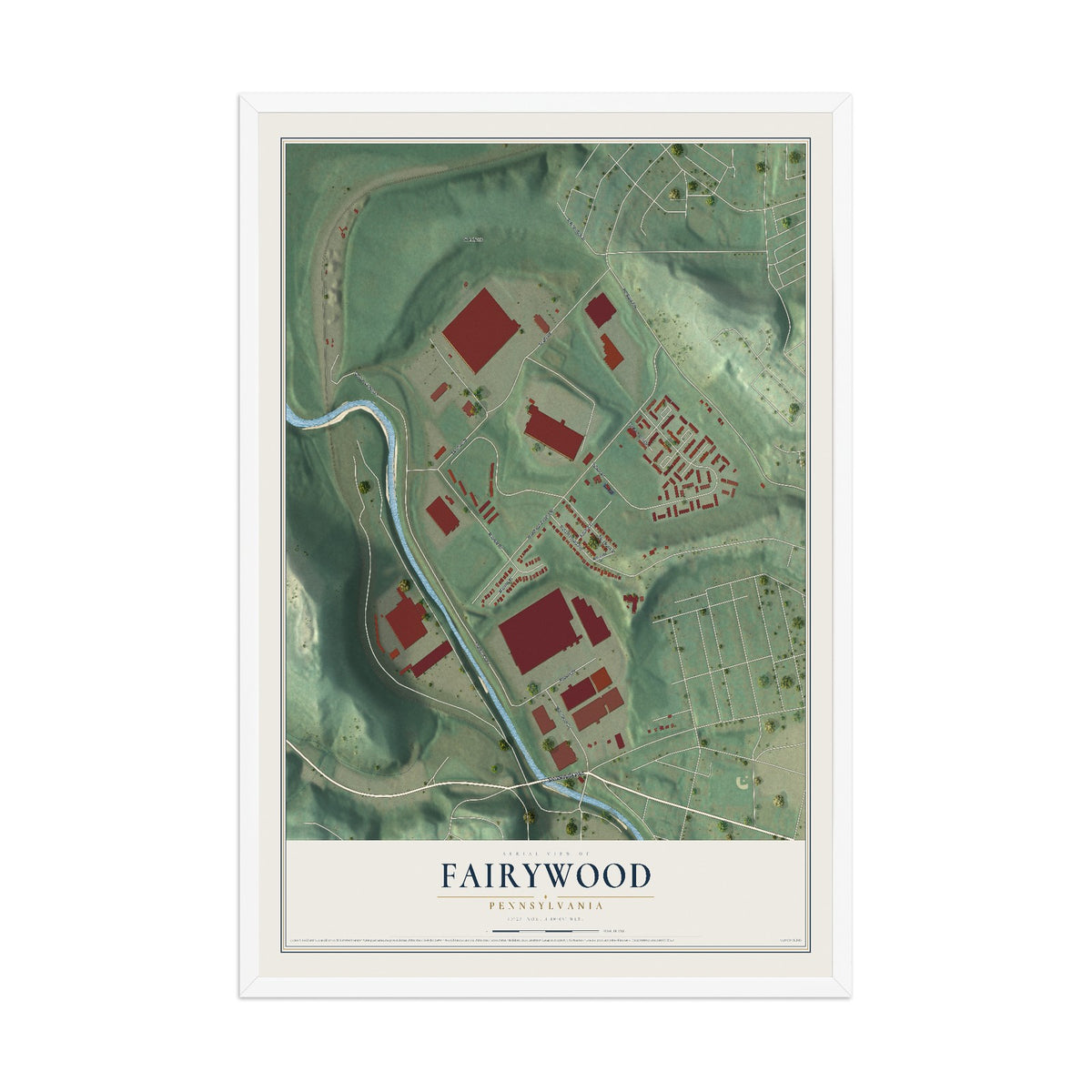 Map of Fairywood, Pennsylvania, 12 x 18 inch print in a white wood frame