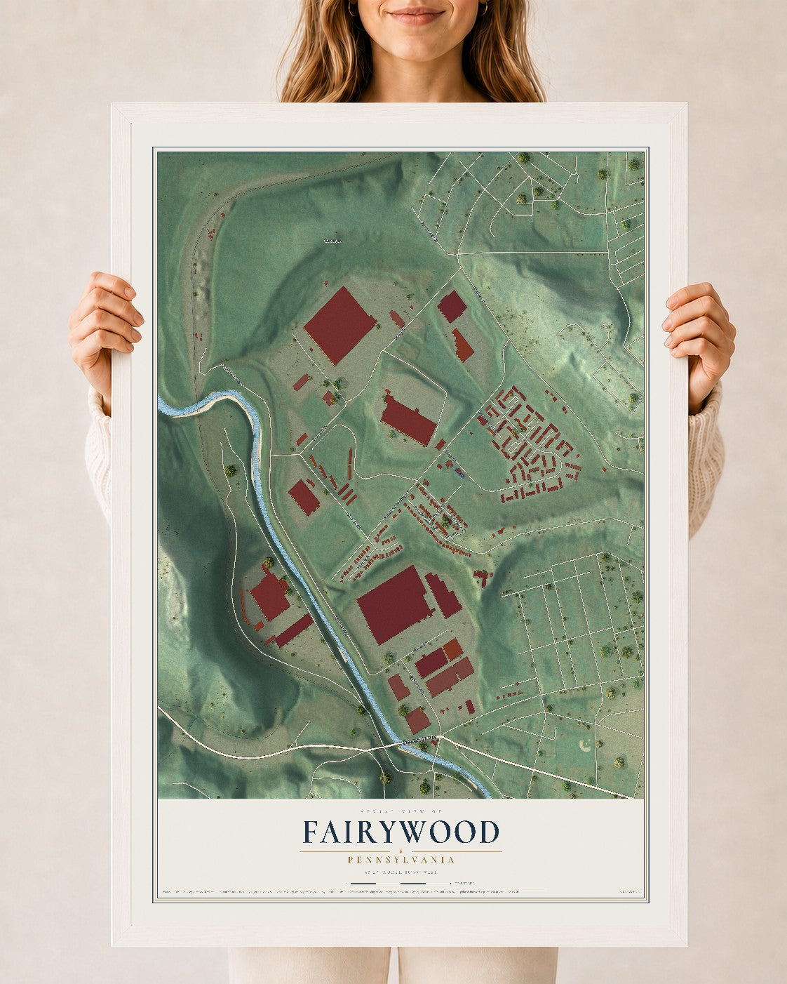 Map of Fairywood, Pennsylvania, 24 x 36 inch print in a white wood frame