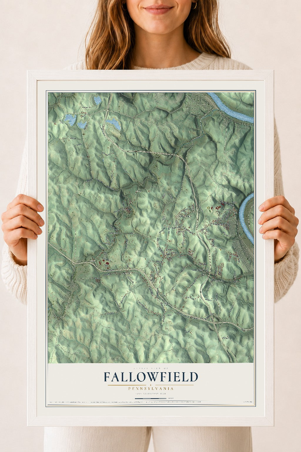 Map of Fallowfield, Pennsylvania, 18 x 24 inch print in a white wood frame
