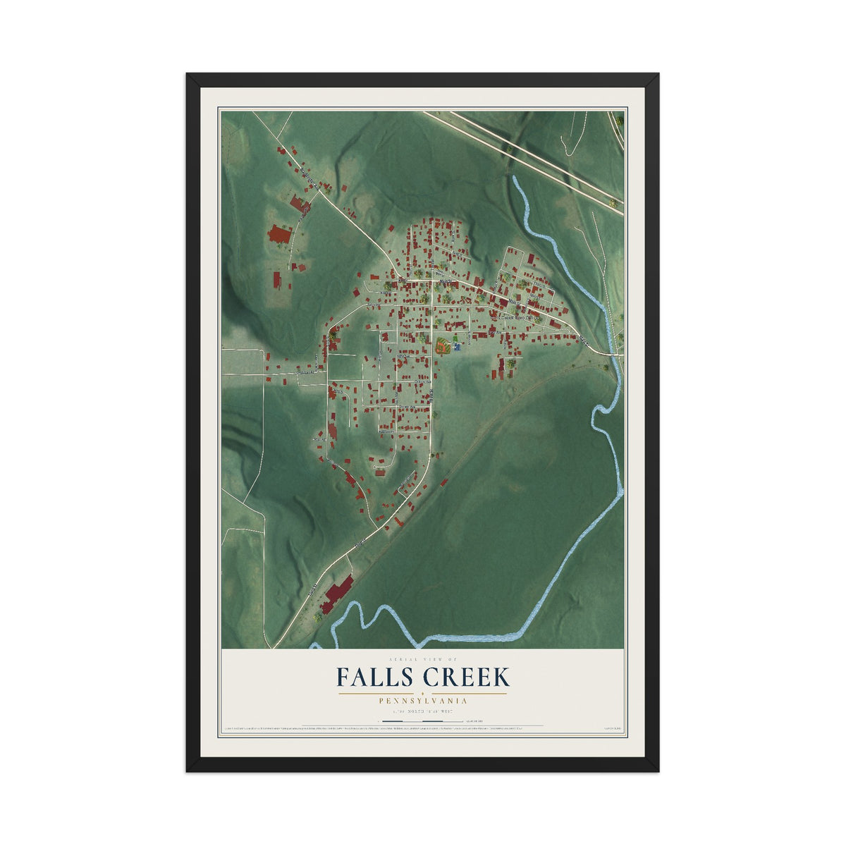 Map of Falls Creek, Pennsylvania, 12 x 18 inch print in a black wood frame