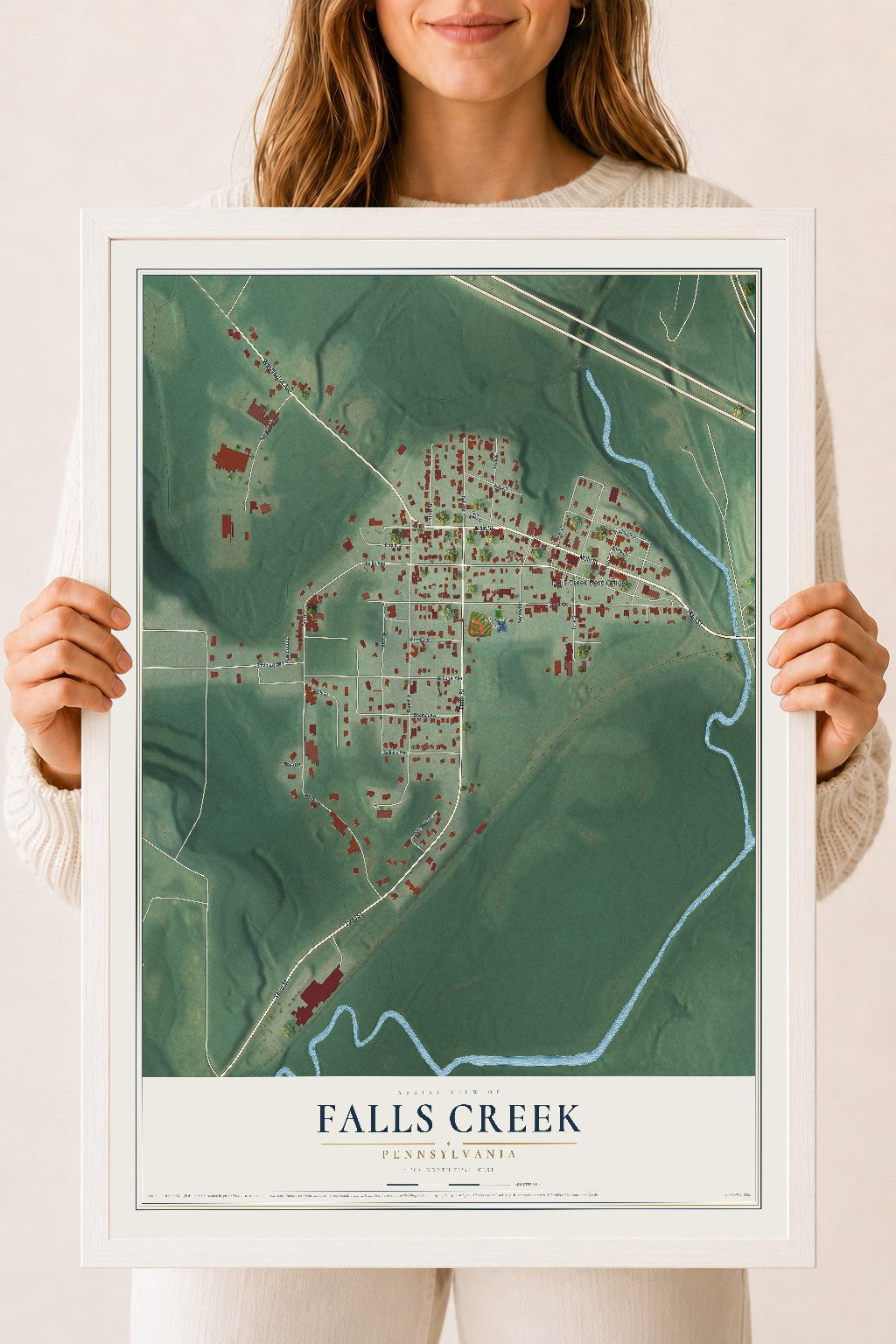 Map of Falls Creek, Pennsylvania, 18 x 24 inch print in a white wood frame