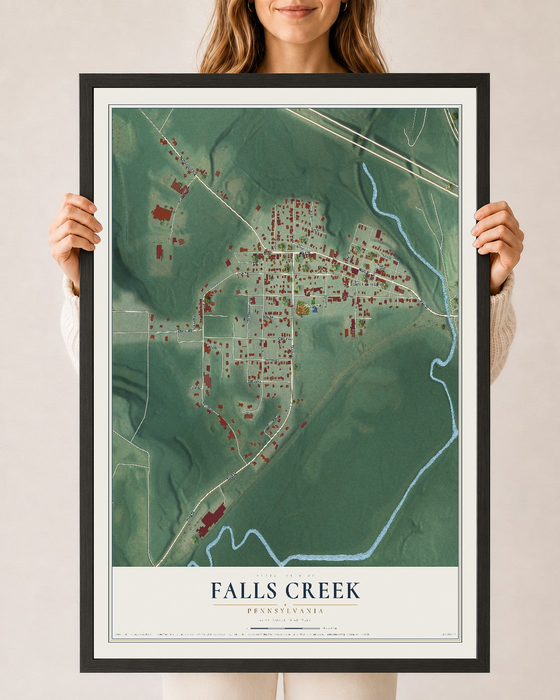 Map of Falls Creek, Pennsylvania, 24 x 36 inch print in a black wood frame