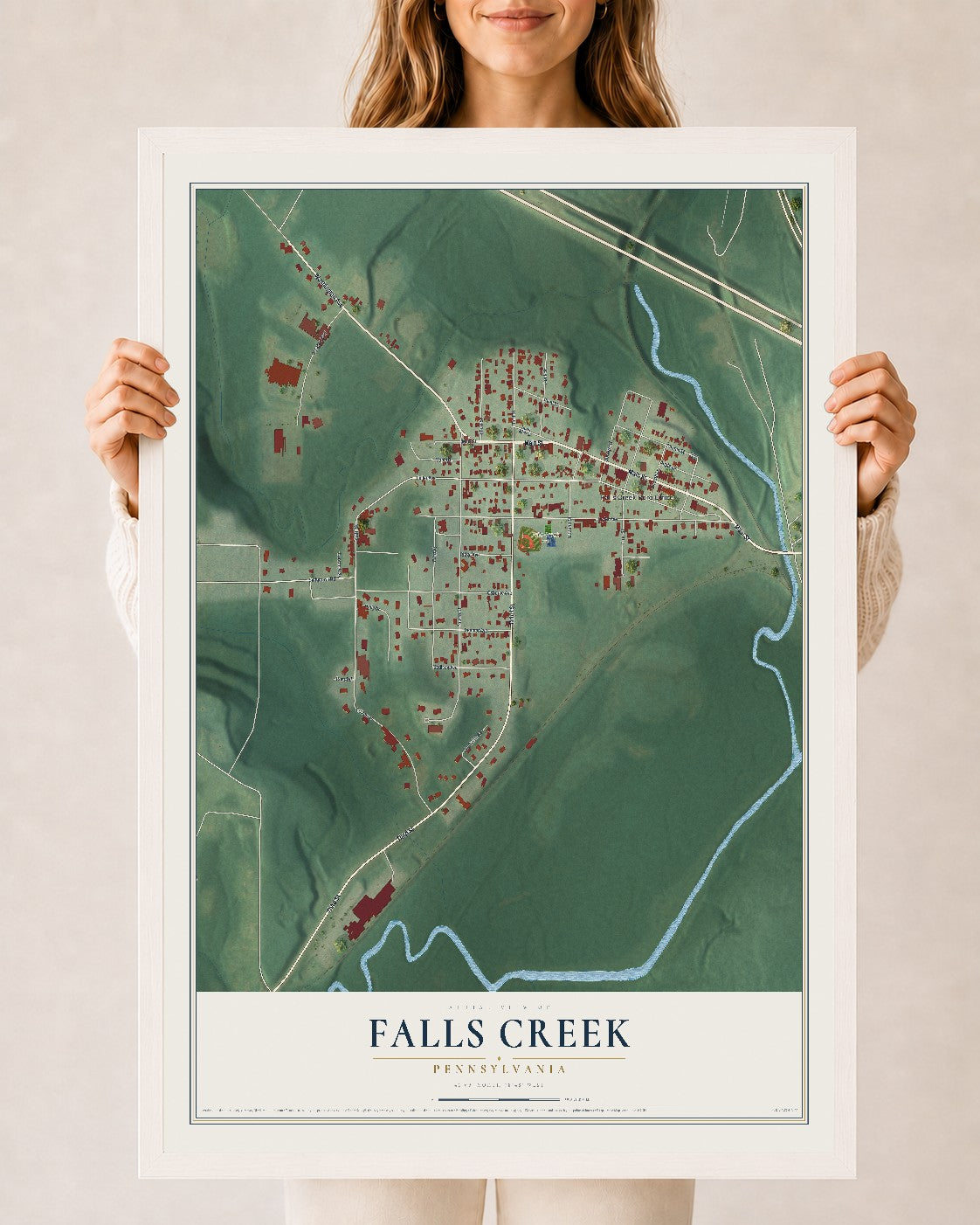 Map of Falls Creek, Pennsylvania, 24 x 36 inch print in a white wood frame