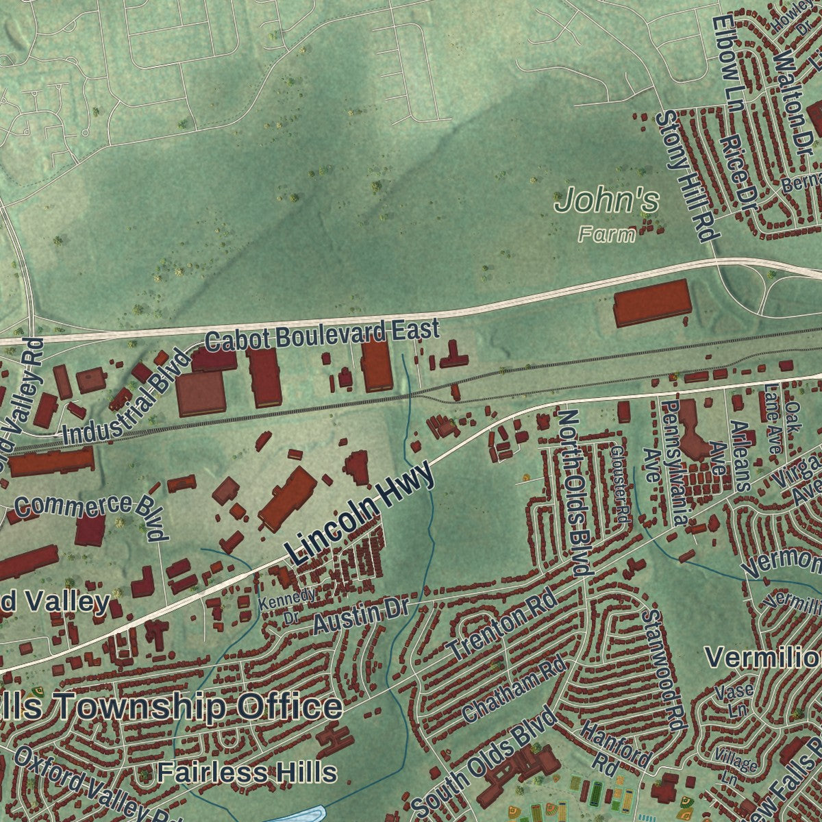 Second close-up of the map of Falls, Bucks County, Pennsylvania print showing more streets and buildings