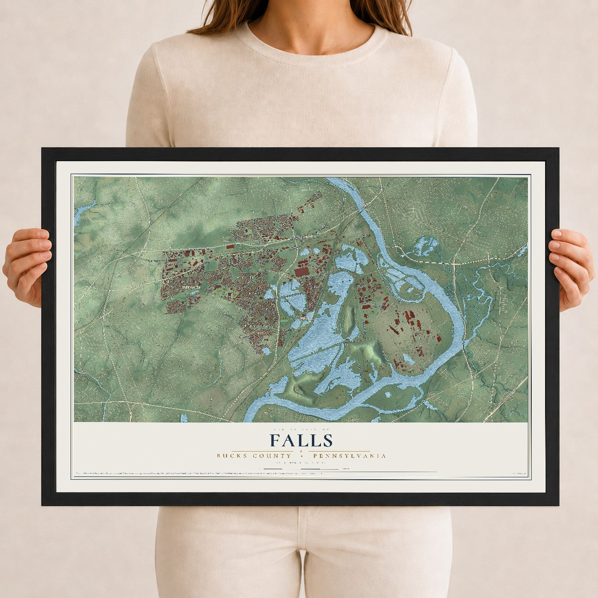 Map of Falls, Bucks County, Pennsylvania, 12 x 18 inch print in a black wood frame