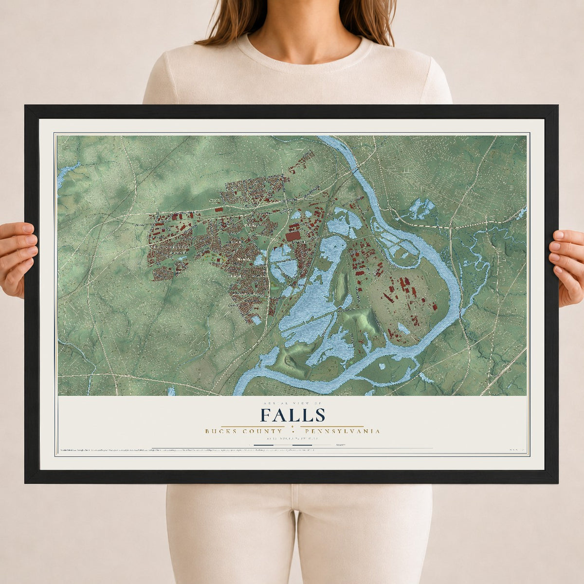 Map of Falls, Bucks County, Pennsylvania, 18 x 24 inch print in a black wood frame