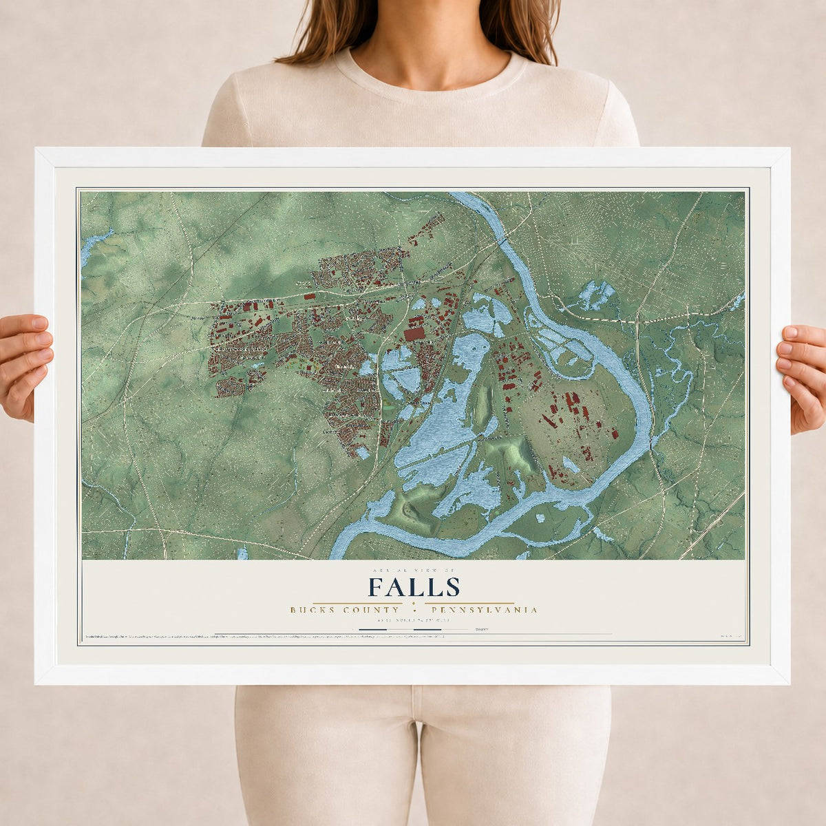 Map of Falls, Bucks County, Pennsylvania, 18 x 24 inch print in a white wood frame