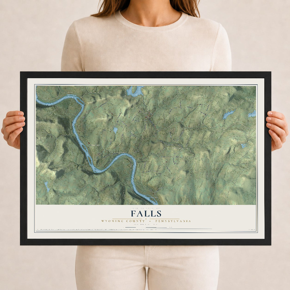 Map of Falls, Wyoming County, Pennsylvania, 12 x 18 inch print in a black wood frame
