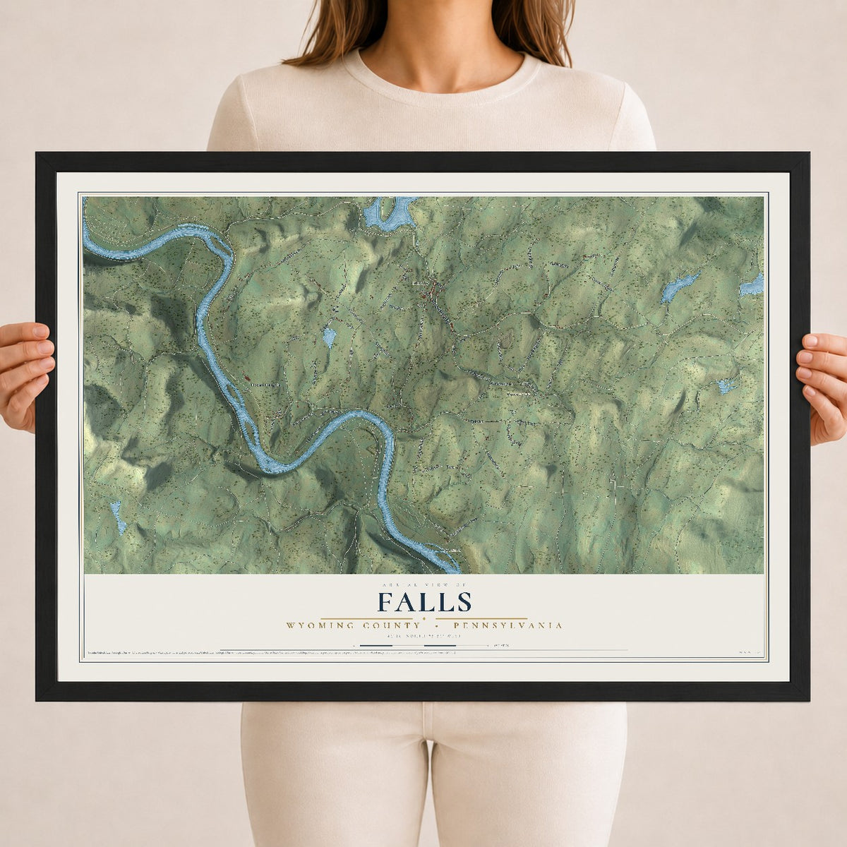 Map of Falls, Wyoming County, Pennsylvania, 18 x 24 inch print in a black wood frame