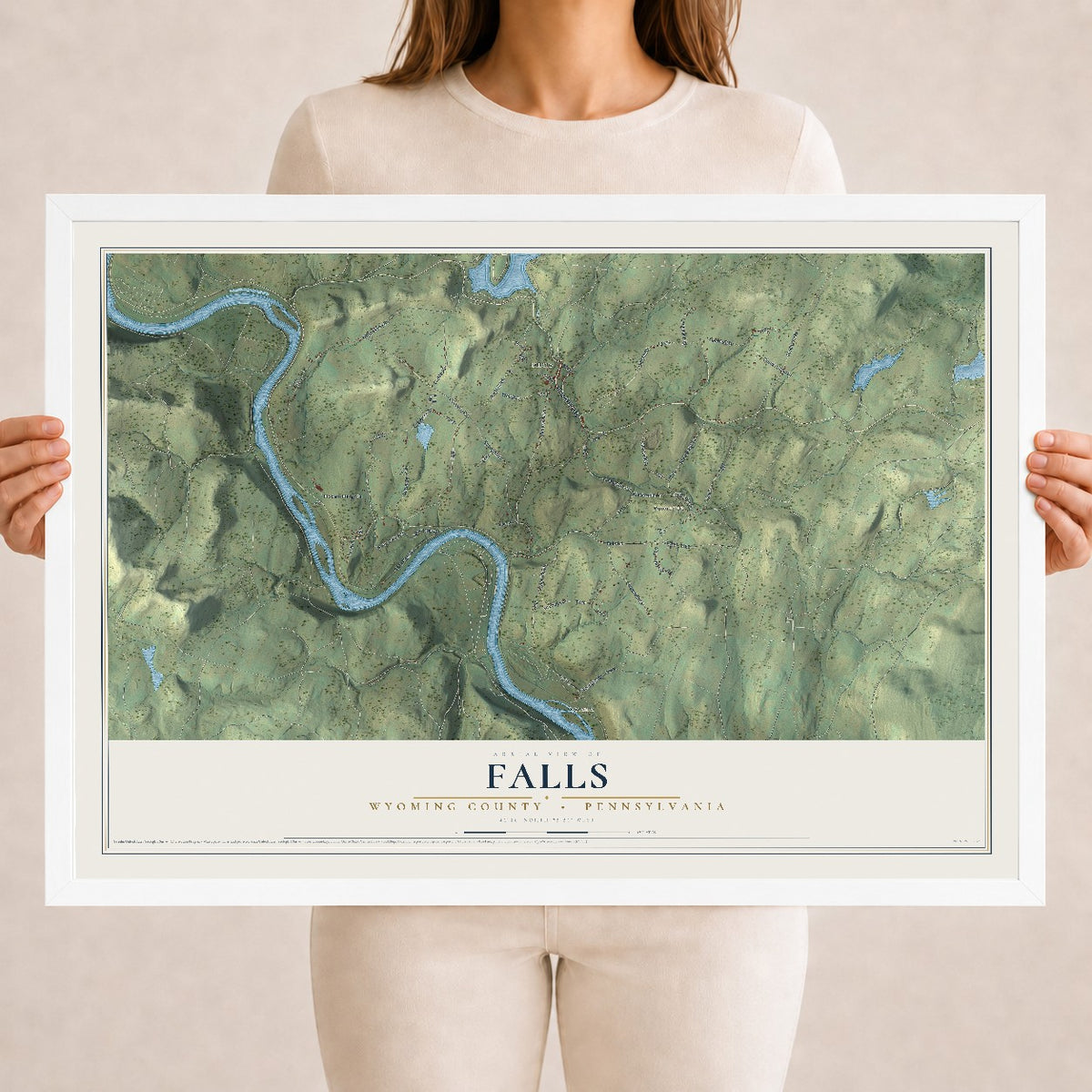 Map of Falls, Wyoming County, Pennsylvania, 18 x 24 inch print in a white wood frame