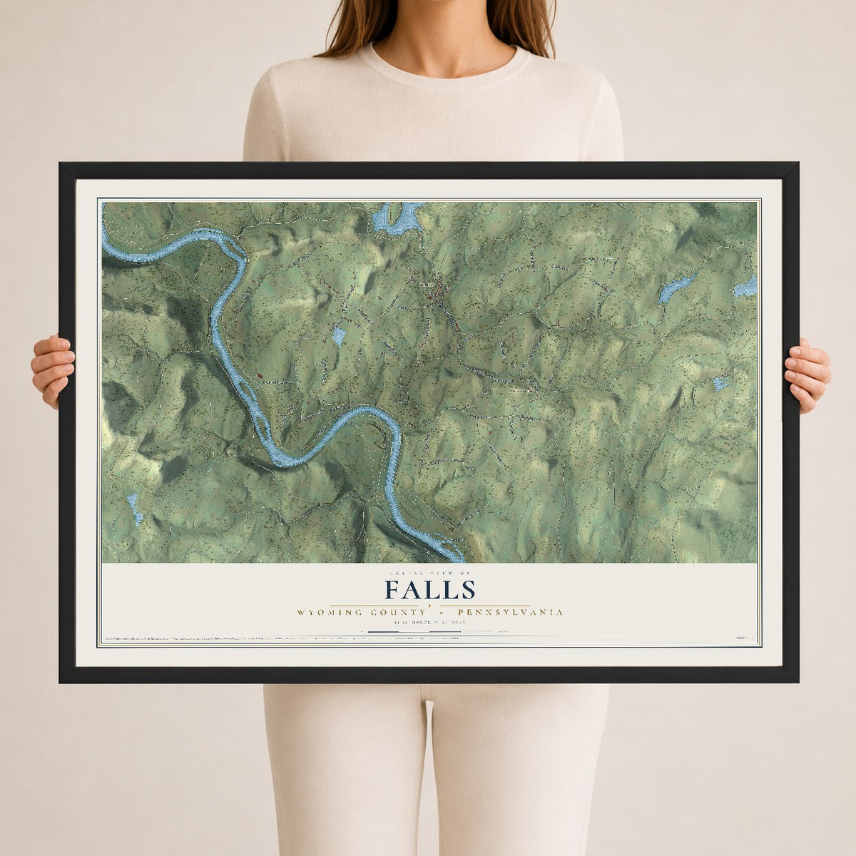 Map of Falls, Wyoming County, Pennsylvania, 24 x 36 inch print in a black wood frame