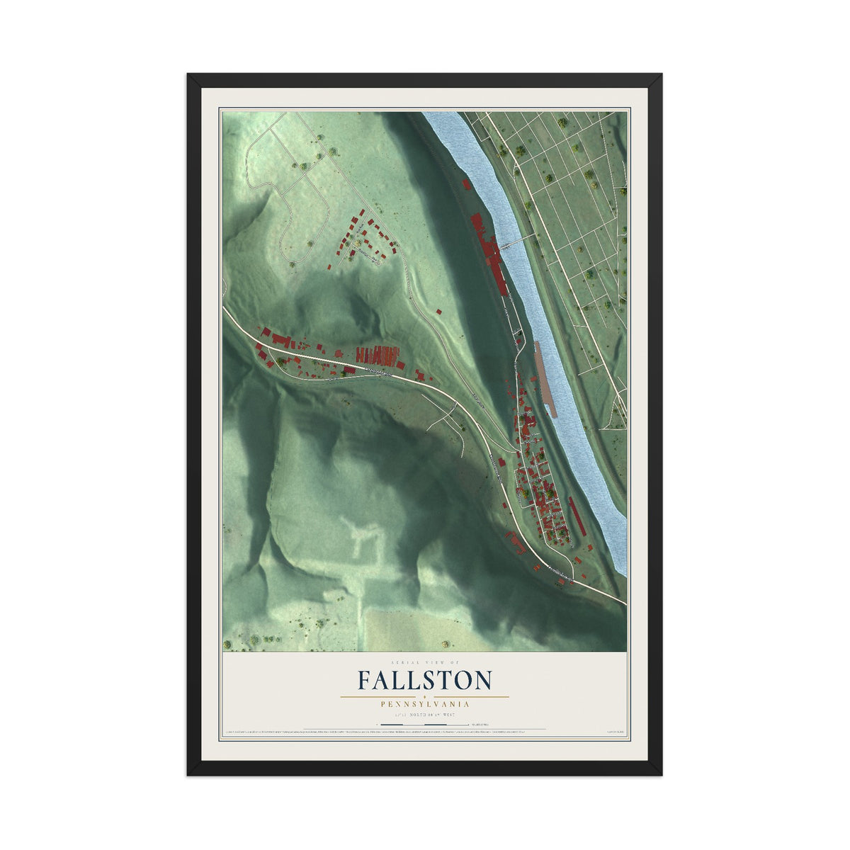 Map of Fallston, Pennsylvania, 12 x 18 inch print in a black wood frame