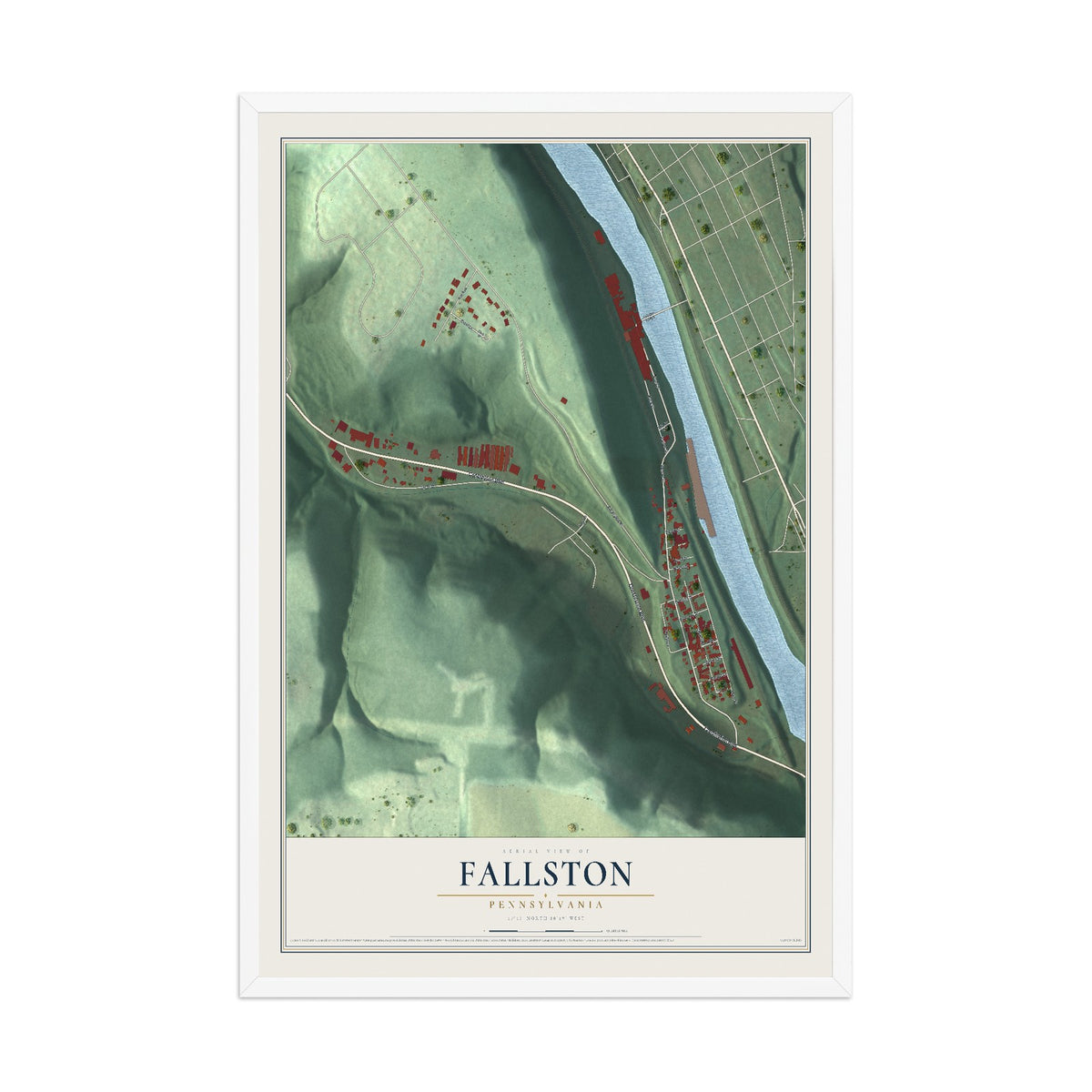 Map of Fallston, Pennsylvania, 12 x 18 inch print in a white wood frame