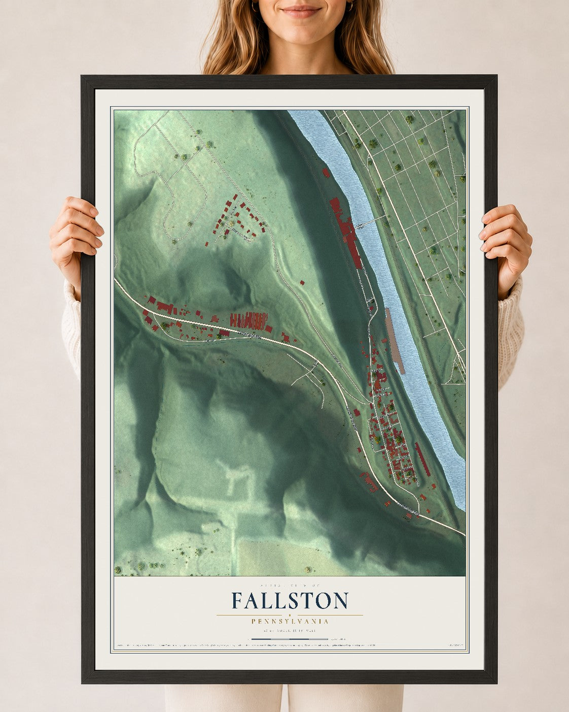 Map of Fallston, Pennsylvania, 24 x 36 inch print in a black wood frame