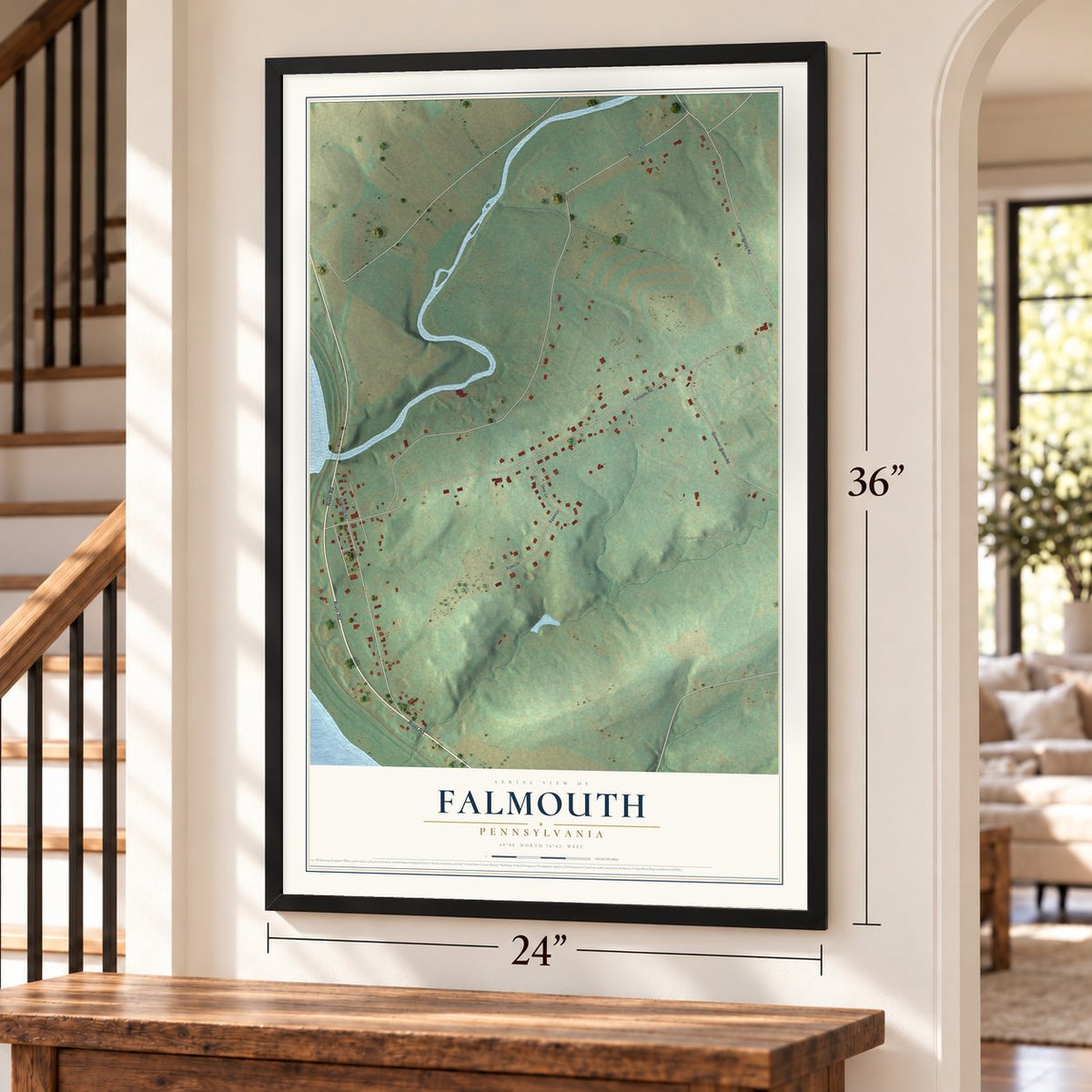 Falmouth, Pennsylvania map, 24 x 36 inch print in a black frame by a staircase