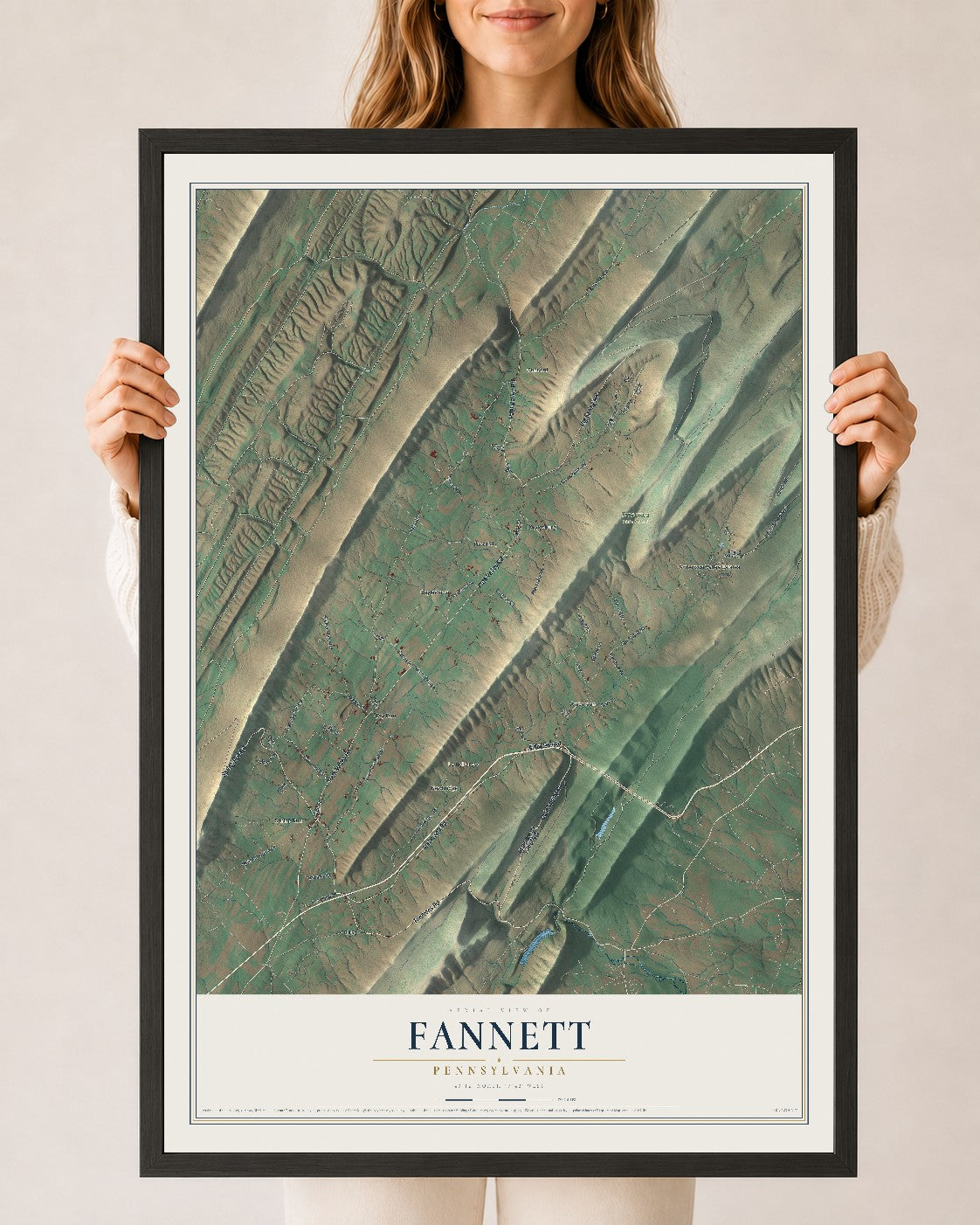 Map of Fannett, Pennsylvania, 24 x 36 inch print in a black wood frame
