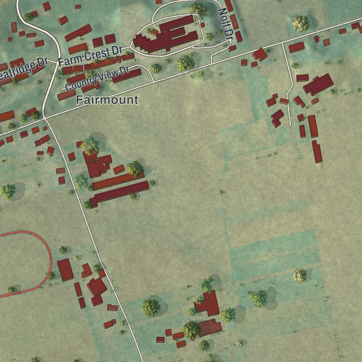 Close-up of the map of Farmersville, Pennsylvania print showing street and building detail