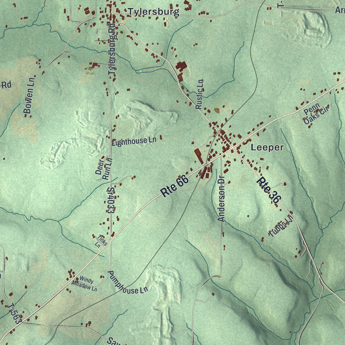 Close-up of the map of Farmington, Clarion County, Pennsylvania print showing street and building detail