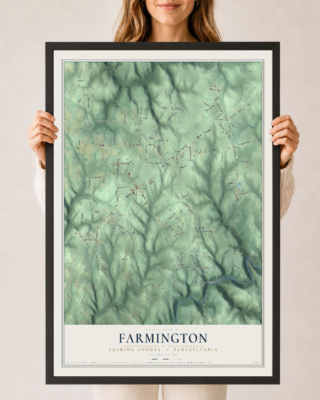 Map of Farmington, Clarion County, Pennsylvania, 24 x 36 inch print in a black wood frame