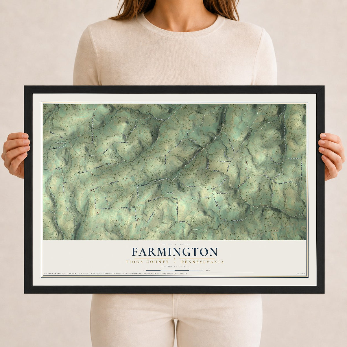 Map of Farmington, Tioga County, Pennsylvania, 12 x 18 inch print in a black wood frame