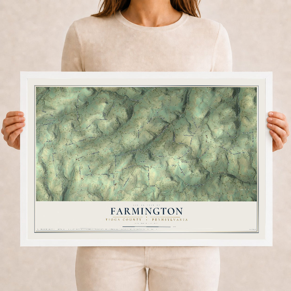 Map of Farmington, Tioga County, Pennsylvania, 12 x 18 inch print in a white wood frame