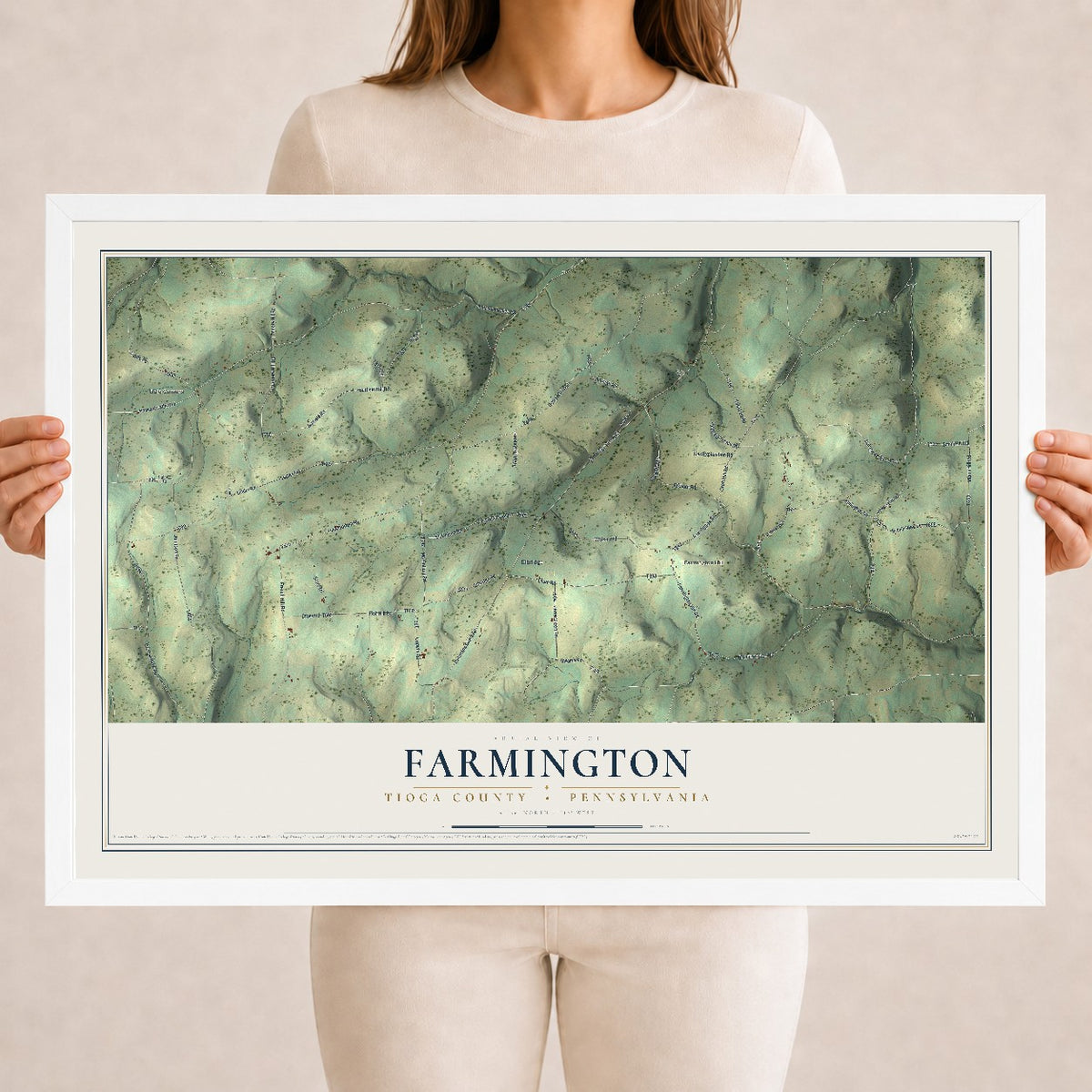 Map of Farmington, Tioga County, Pennsylvania, 18 x 24 inch print in a white wood frame