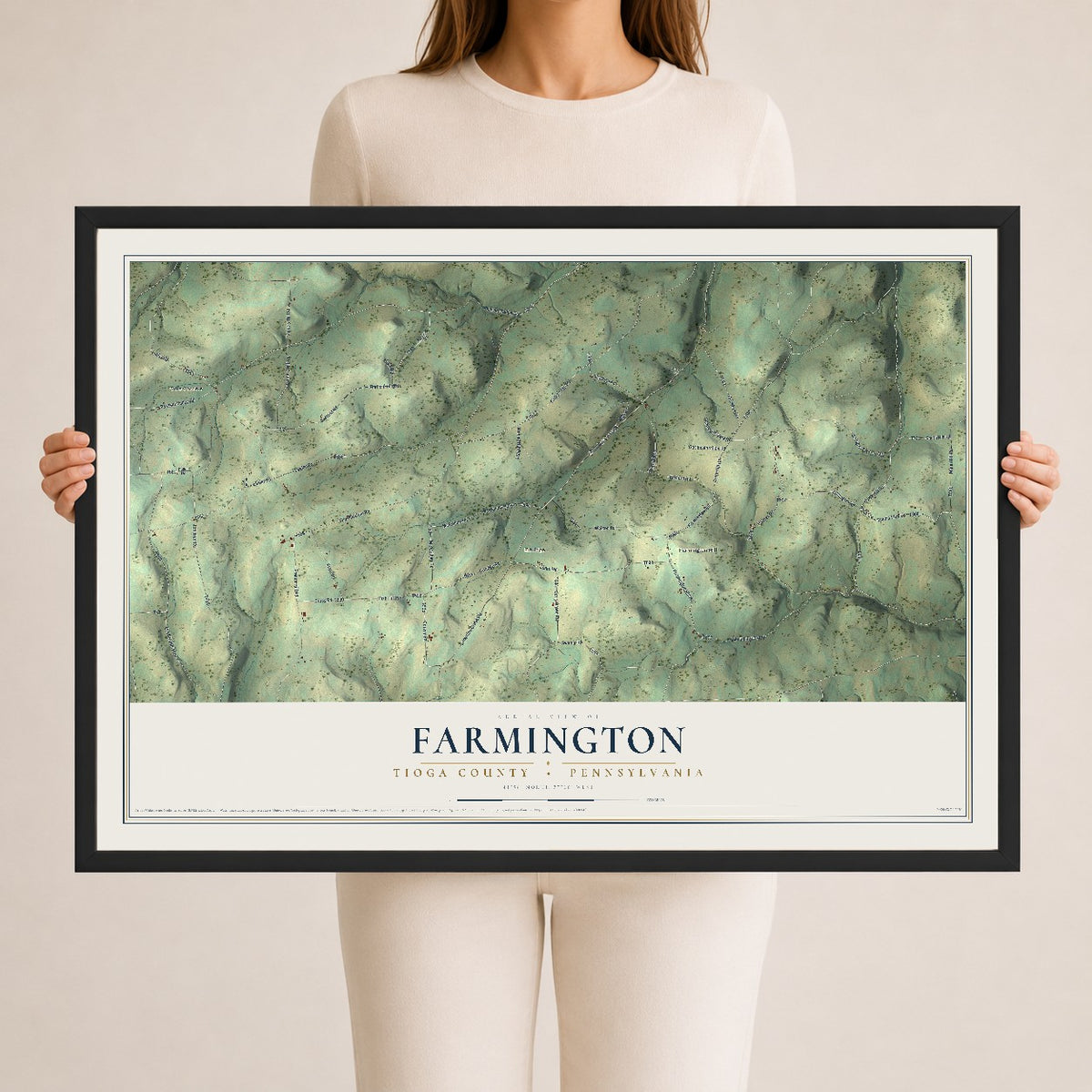 Map of Farmington, Tioga County, Pennsylvania, 24 x 36 inch print in a black wood frame