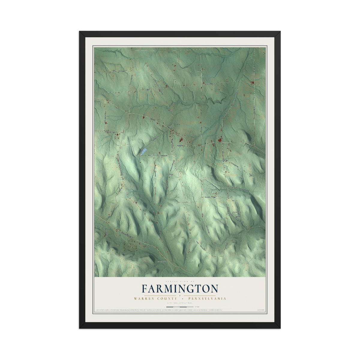 Map of Farmington, Warren County, Pennsylvania, 12 x 18 inch print in a black wood frame