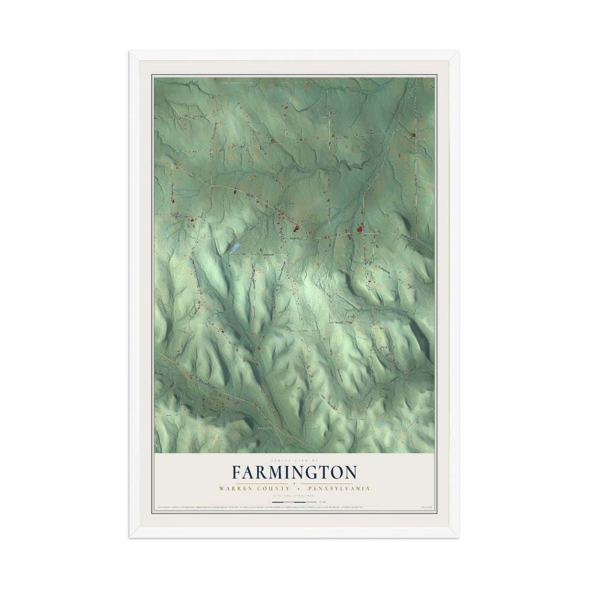 Map of Farmington, Warren County, Pennsylvania, 12 x 18 inch print in a white wood frame