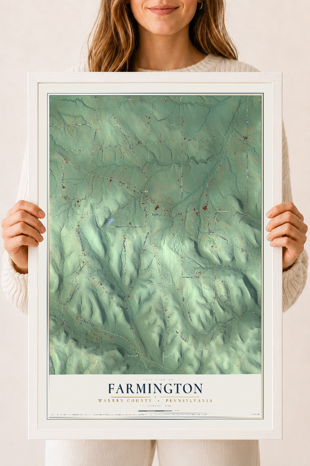 Map of Farmington, Warren County, Pennsylvania, 18 x 24 inch print in a white wood frame
