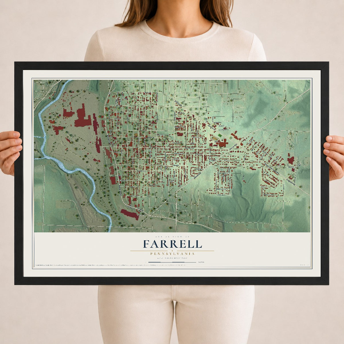 Map of Farrell, Pennsylvania, 18 x 24 inch print in a black wood frame